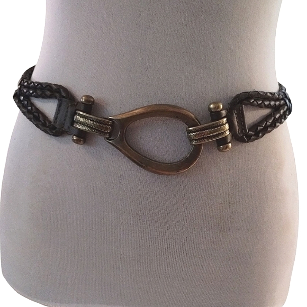 Chic Brown Braided Women's Belt With Brass Color Buckle Size L/XL